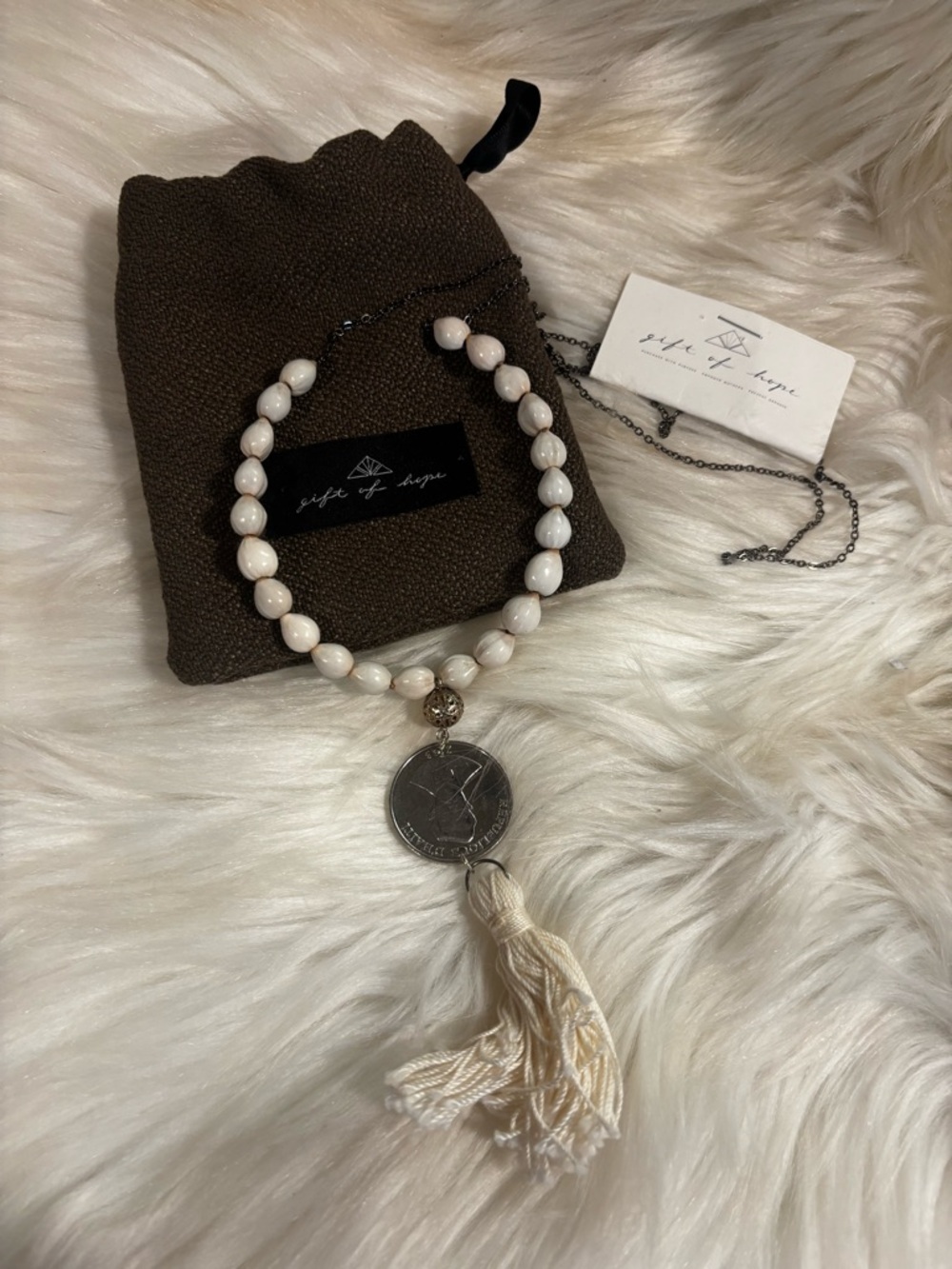 Piece of Hope Cream Beaded Majok Goude Tassel Necklace